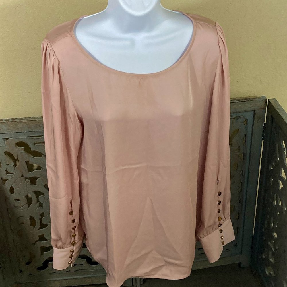 Blush Pink Pullover Blouse with Gold Button Sleeve